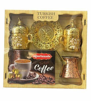 Набір для турецької кави Ugurluzade Turkish Coffee подарунковий джезва мідна 2 чашки з кришками 2 блюдця кава 780015 фото
